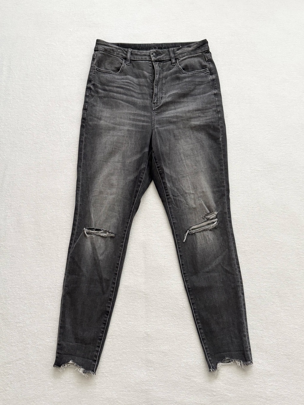 American Eagle Stretch Gray Skinny Jeans Raw Hem Distressed Women’s 12